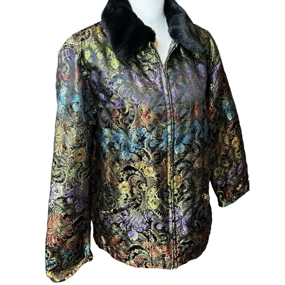 Chico's Design Floral Tapestry Style Art To Wear Jacket Detachable Collar Sz 3 - Picture 2 of 10